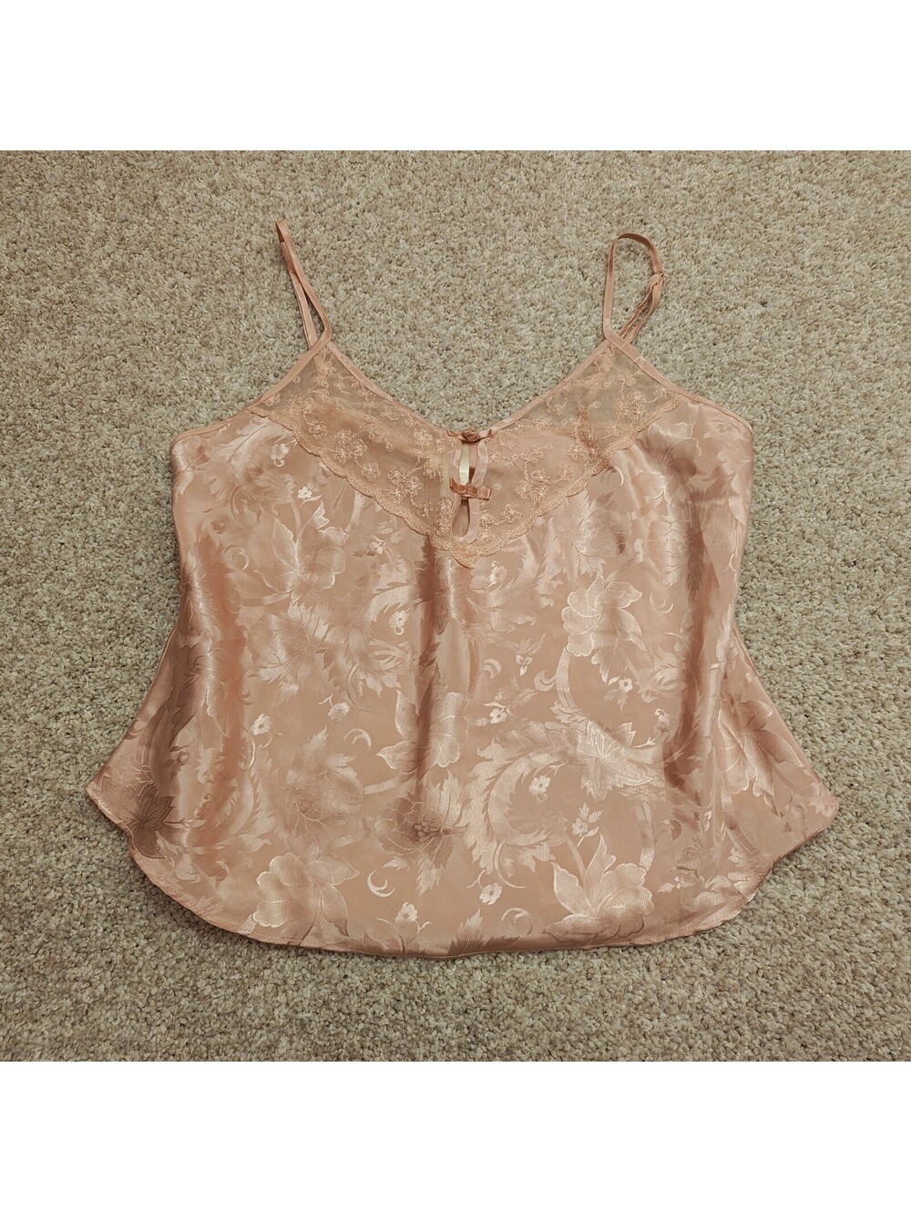 Vintage Peach Satin Floral Lace Trim Camisole Top Size Medium